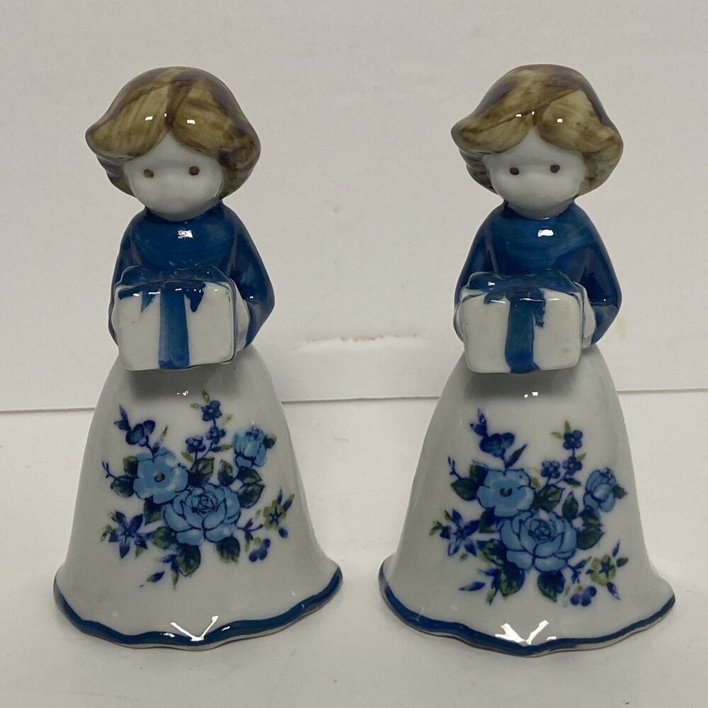 Vintage Porcelain Bells Girl Holding Gift Blue Floral Pattern Skirt Heavy Gloss